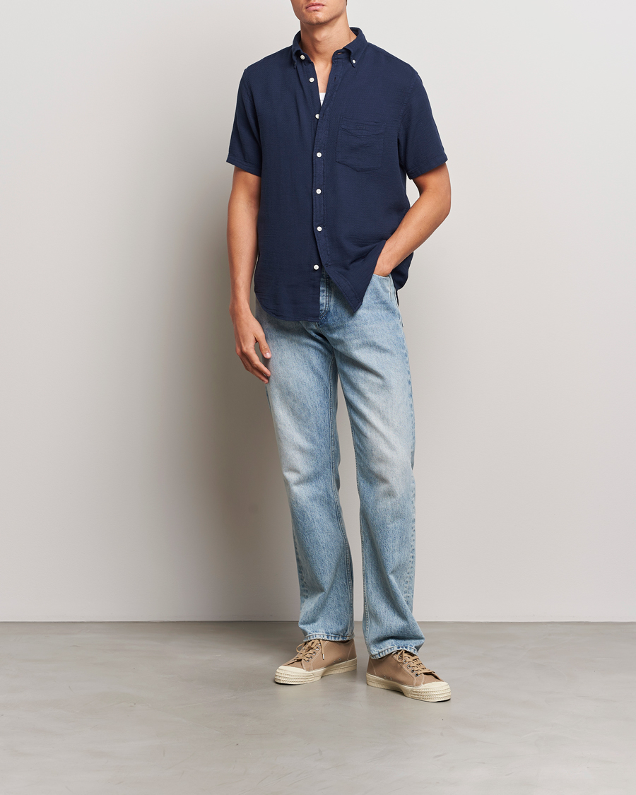 Herr | Skjortor | GANT | Cotton/Linen Texture Short Sleeve Shirt Evening Blue