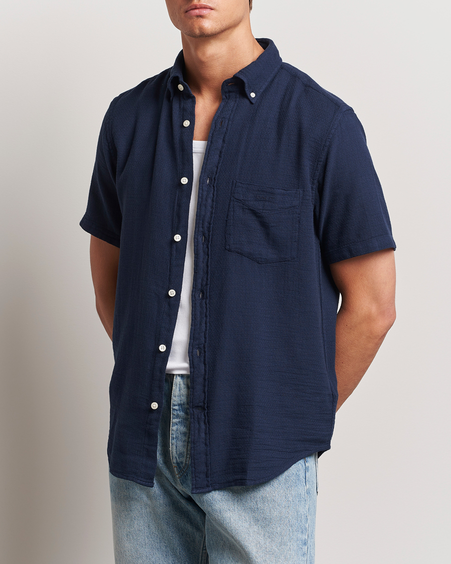 Herr | GANT | GANT | Cotton/Linen Texture Short Sleeve Shirt Evening Blue
