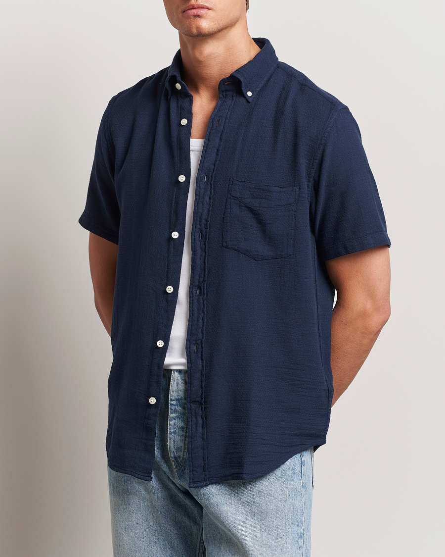 Herr | Skjortor | GANT | Cotton/Linen Texture Short Sleeve Shirt Evening Blue