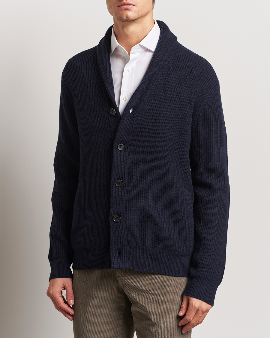 Herr | Tröjor | Charles Tyrwhitt | Chunky Merino Shawl Neck Cardigan Navy