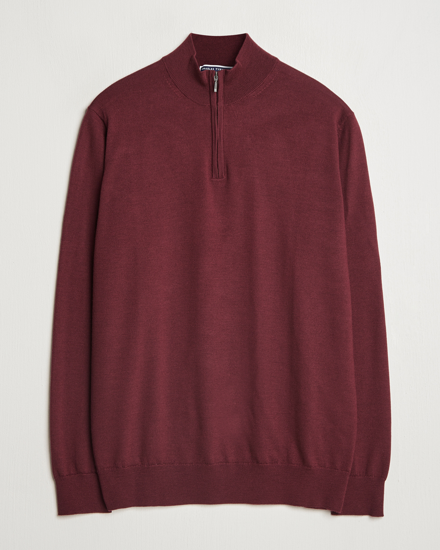 Herr | Tröjor | Charles Tyrwhitt | Pure Merino Zip Neck Jumper Burgundy Red