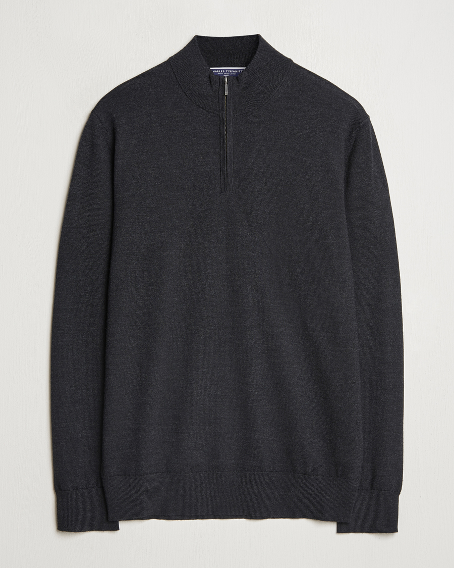 Herr | Tröjor | Charles Tyrwhitt | Pure Merino Zip Neck Jumper Dark Charcoal
