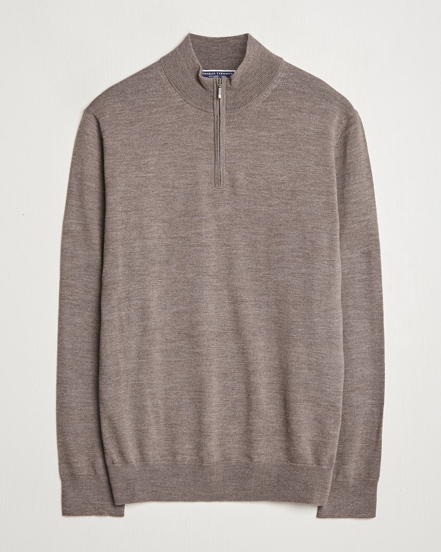 Herr | Tröjor | Charles Tyrwhitt | Pure Merino Zip Neck Jumper Mocha