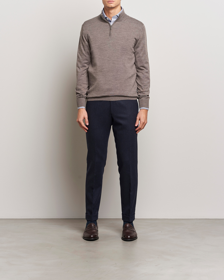 Herr | Tröjor | Charles Tyrwhitt | Pure Merino Zip Neck Jumper Mocha