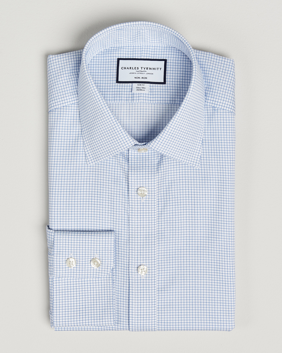 Herr | Skjortor | Charles Tyrwhitt | Slim Fit Non Iron Mini Grid Check Shirt Sky Blue