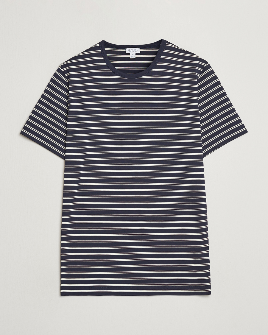 Herr | T-Shirts | Sunspel | Striped Crew Neck Cotton Tee Navy/Ecru