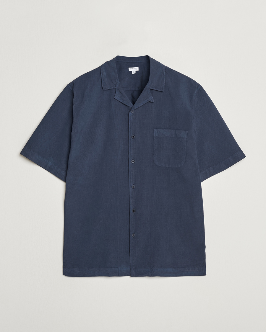 Herr | Skjortor | Sunspel | Lightweight Seersucker Shirt Navy