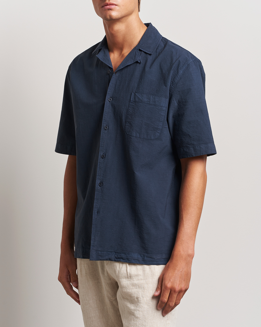 Herr | Skjortor | Sunspel | Lightweight Seersucker Shirt Navy