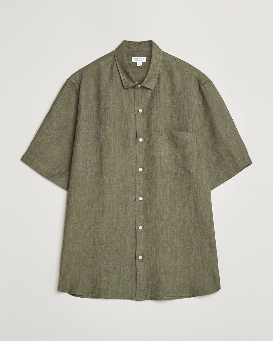 Herr | Skjortor | Sunspel | Short Sleeved Linen Shirt Khaki