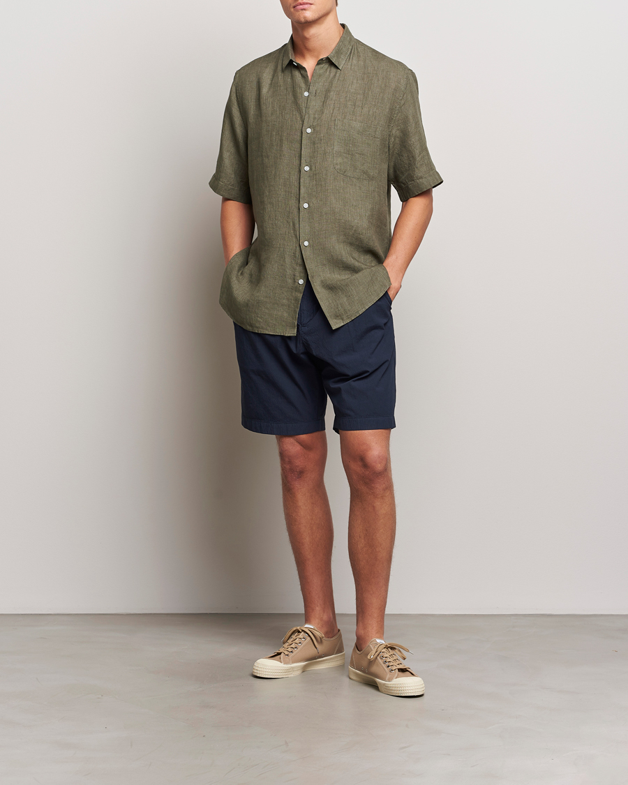 Herr | Skjortor | Sunspel | Short Sleeved Linen Shirt Khaki