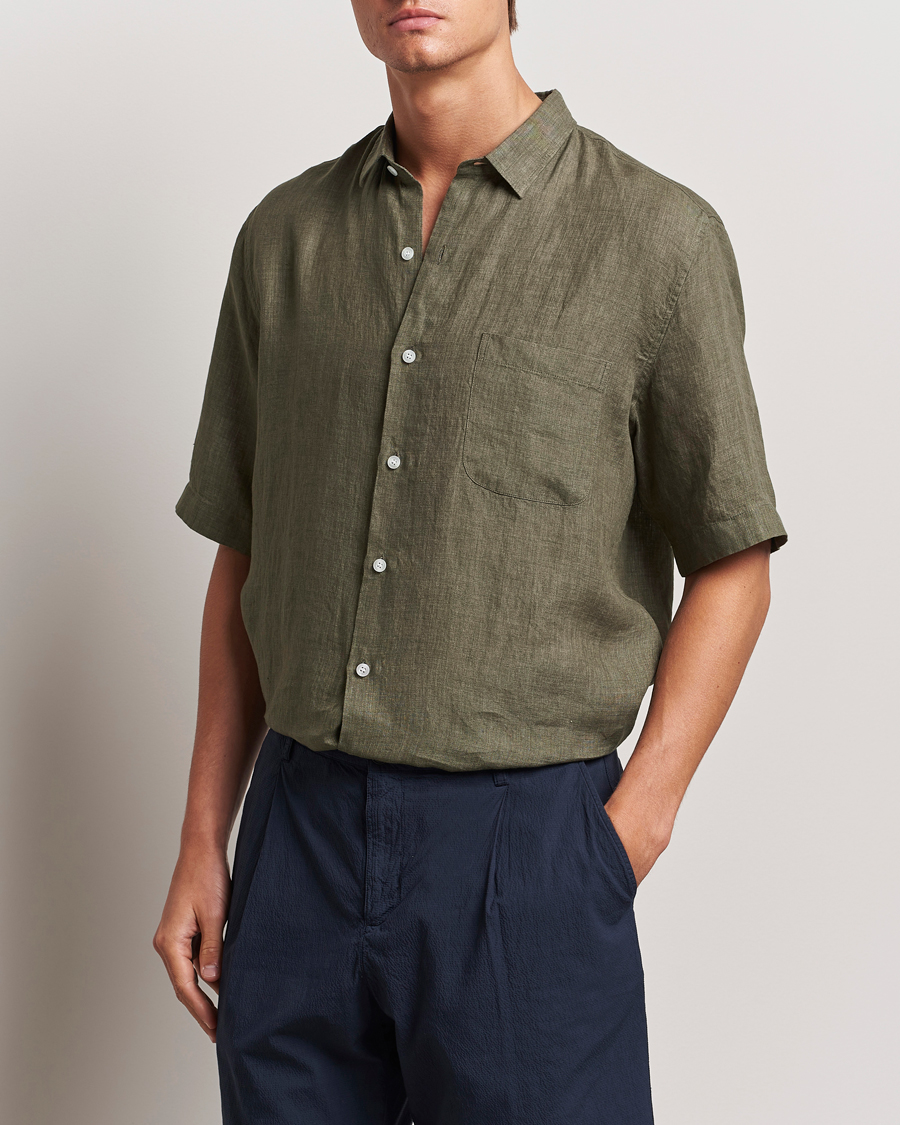 Herr | Kläder | Sunspel | Short Sleeved Linen Shirt Khaki