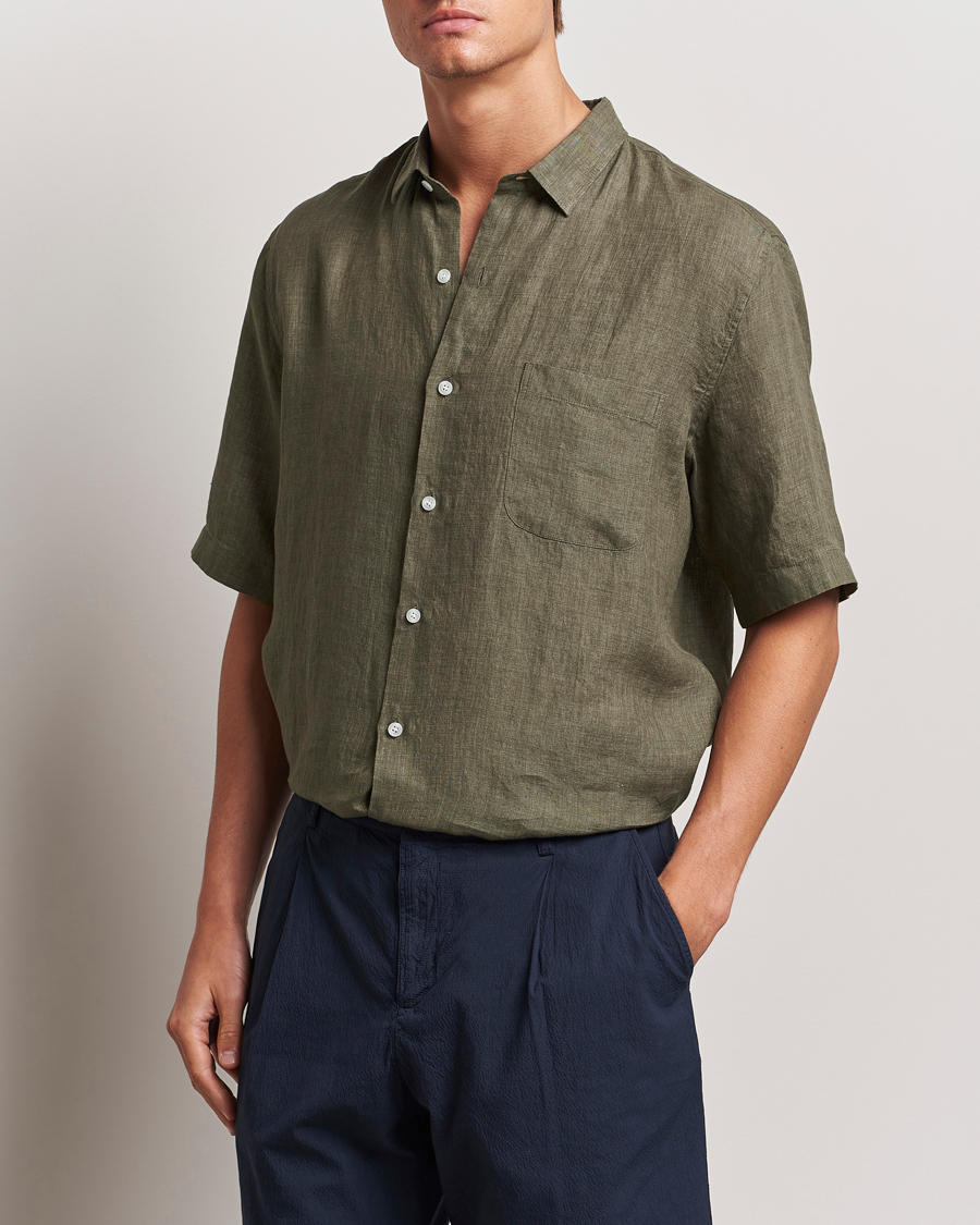 Herr | Skjortor | Sunspel | Short Sleeved Linen Shirt Khaki