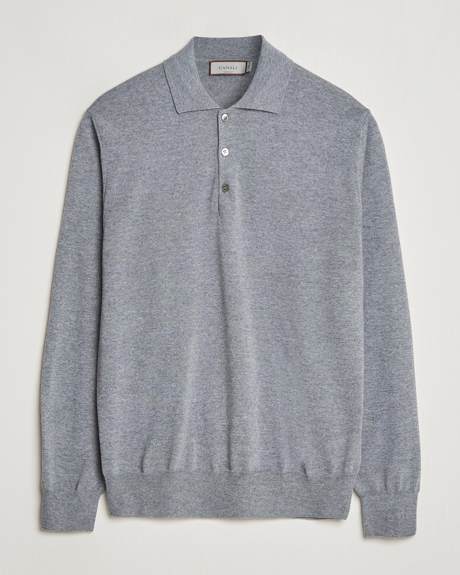 Herr | Tröjor | Canali | Merino Wool Knitted Polo Light Grey