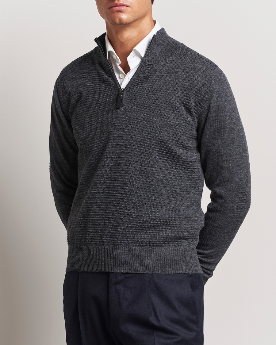 Herr | Tröjor | Canali | Textured Knit Half Zip Charcoal