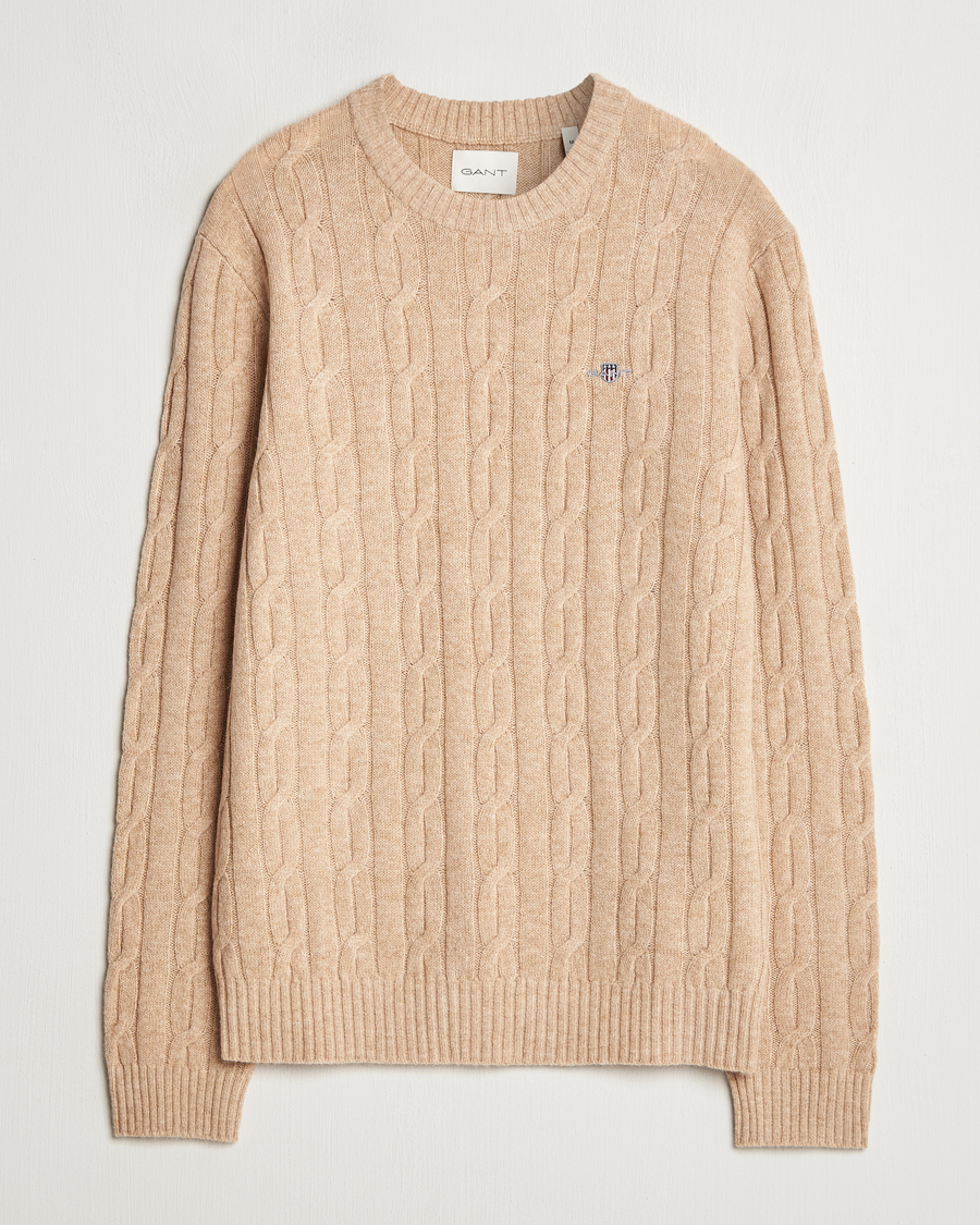 Herr | Tröjor | GANT | Lambswool Cable C-Neck Khaki Melange