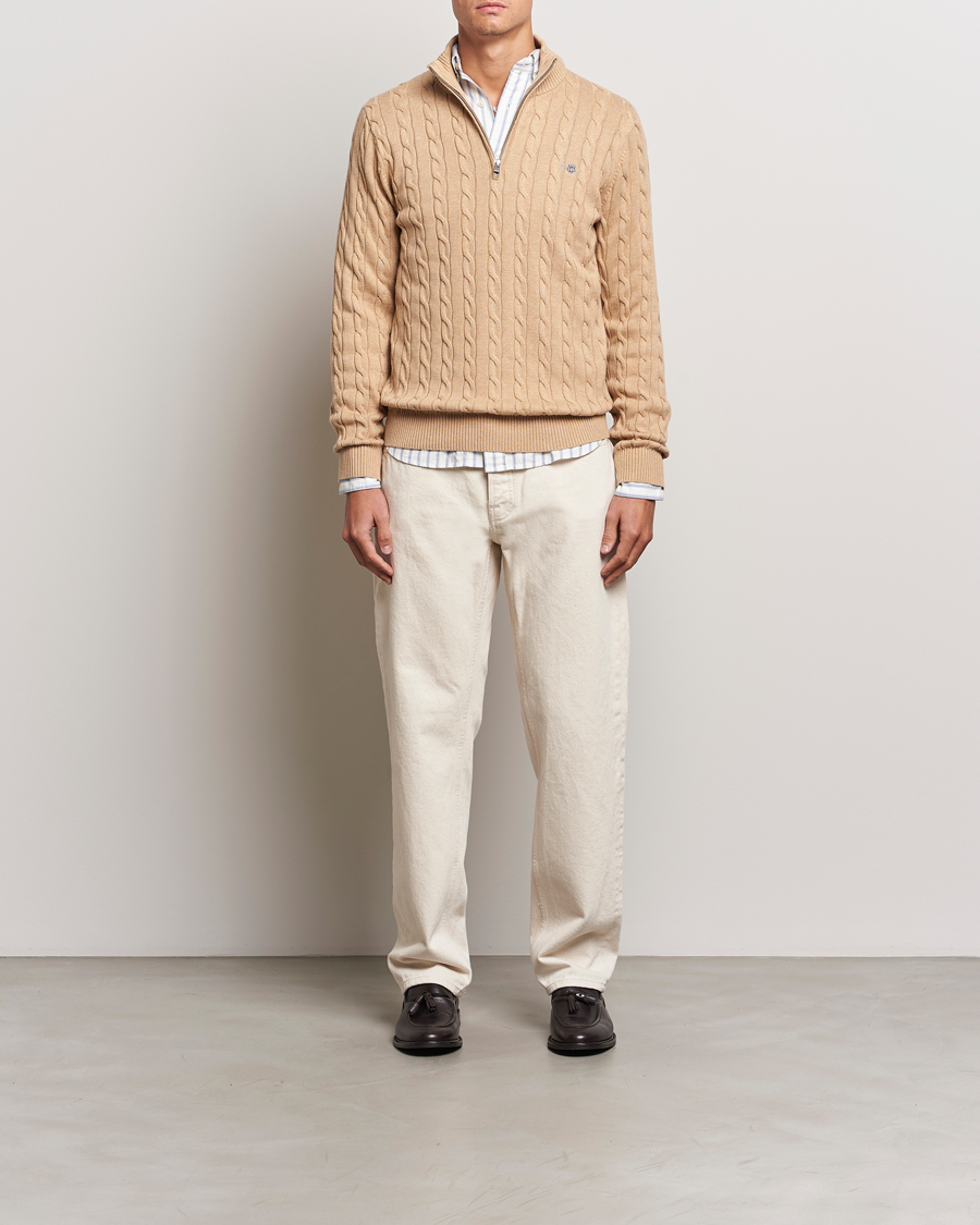 Herr | Tröjor | GANT | Cotton Cable Half Zip Khaki Melange