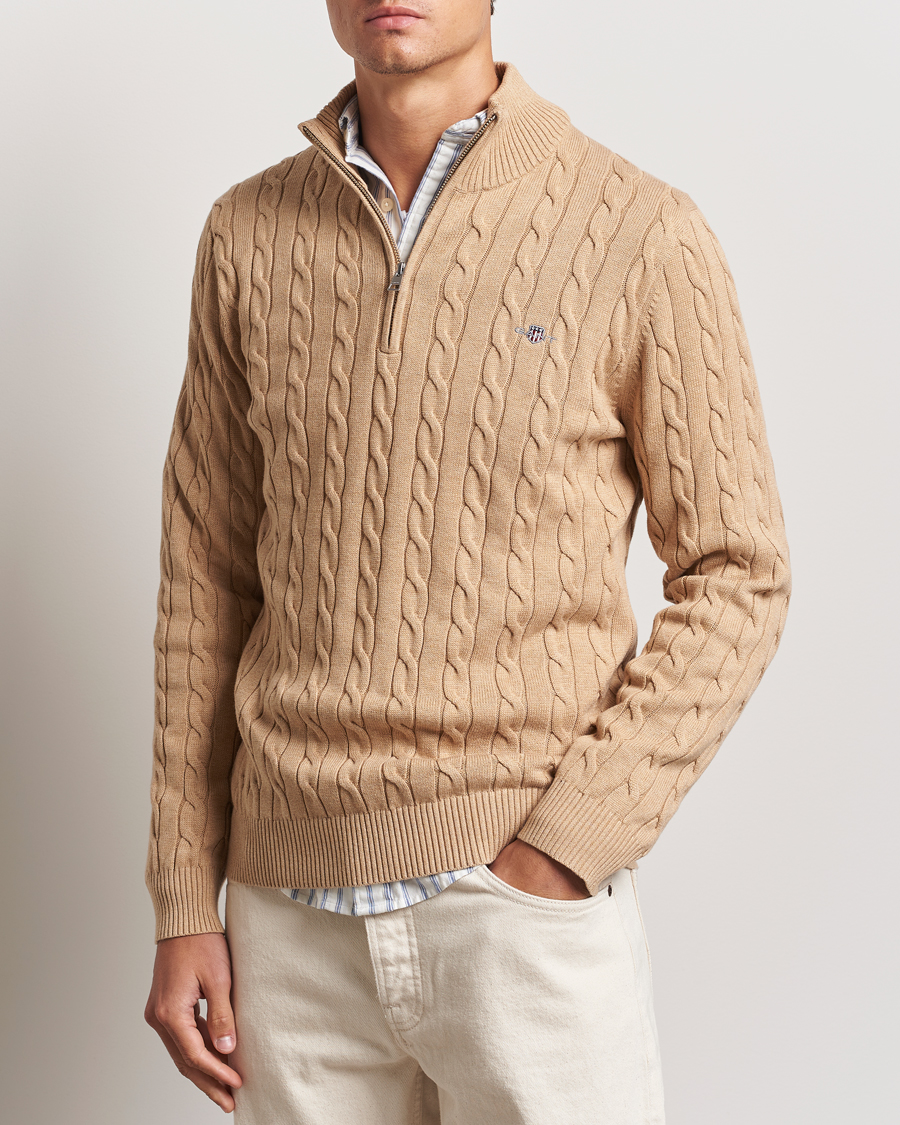 Herr | Tröjor | GANT | Cotton Cable Half Zip Khaki Melange