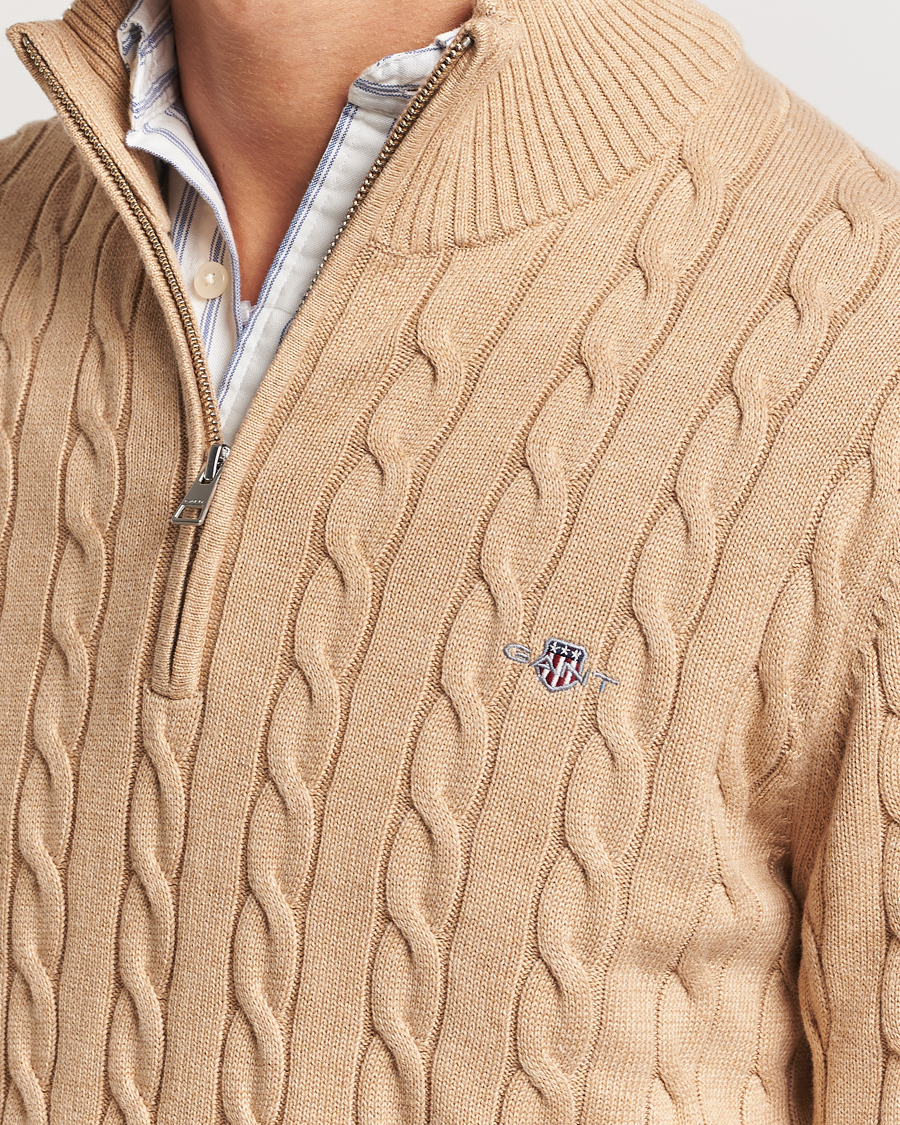 Herr | Tröjor | GANT | Cotton Cable Half Zip Khaki Melange