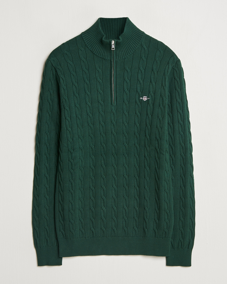 Herr | Tröjor | GANT | Cotton Cable Half Zip Tartan Green