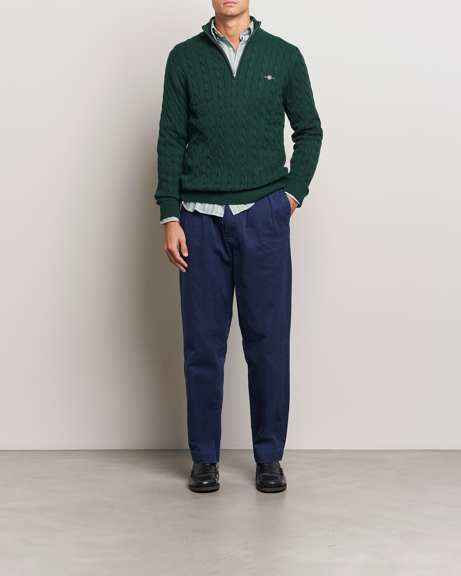 Herr | Tröjor | GANT | Cotton Cable Half Zip Tartan Green