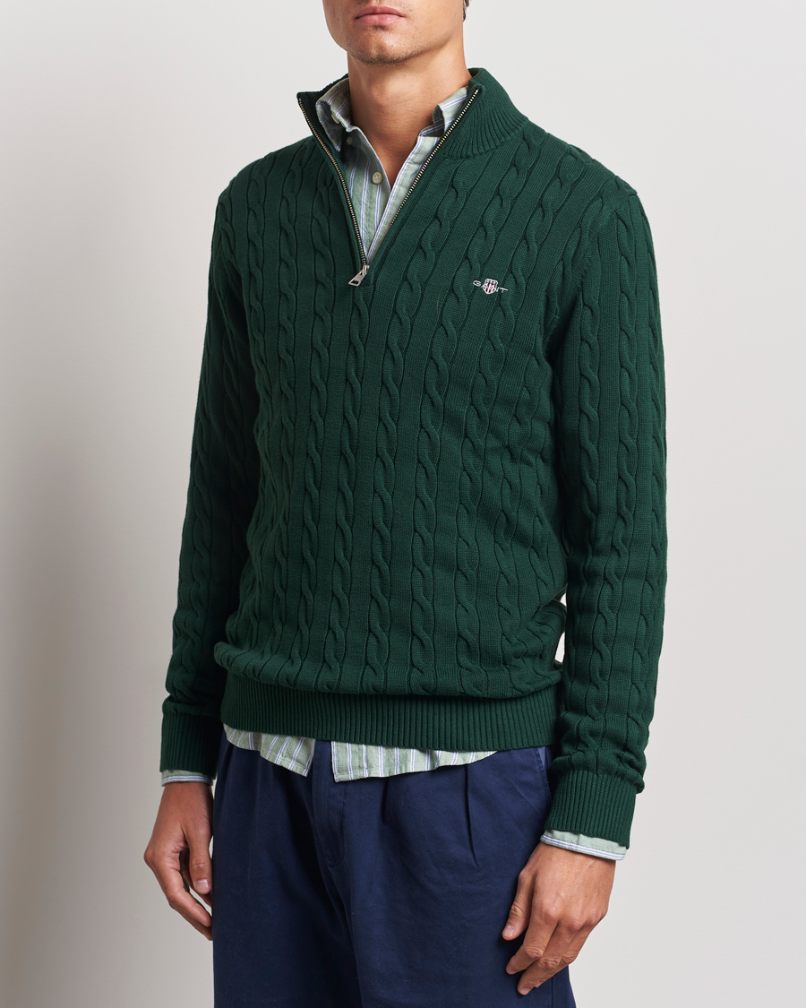 Herr | Tröjor | GANT | Cotton Cable Half Zip Tartan Green