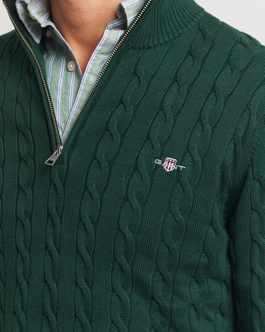 Herr | Tröjor | GANT | Cotton Cable Half Zip Tartan Green