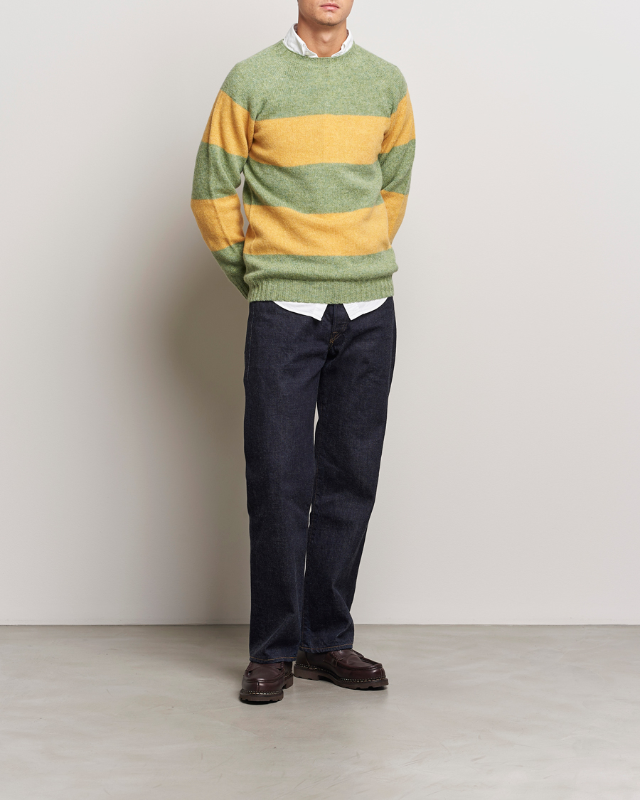 Herr | Tröjor | Harley Of Scotland | Block Stripe Lambswool Crewneck Yellow/Green