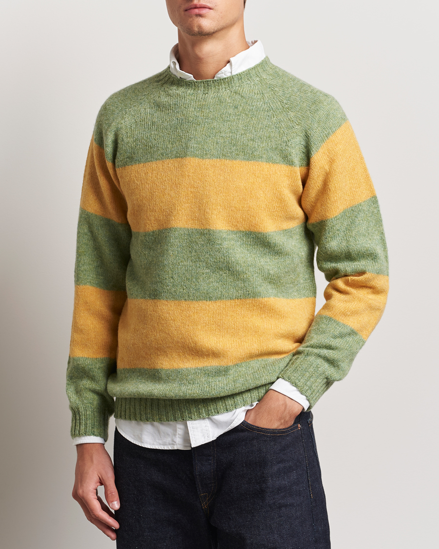 Herr | Tröjor | Harley Of Scotland | Block Stripe Lambswool Crewneck Yellow/Green