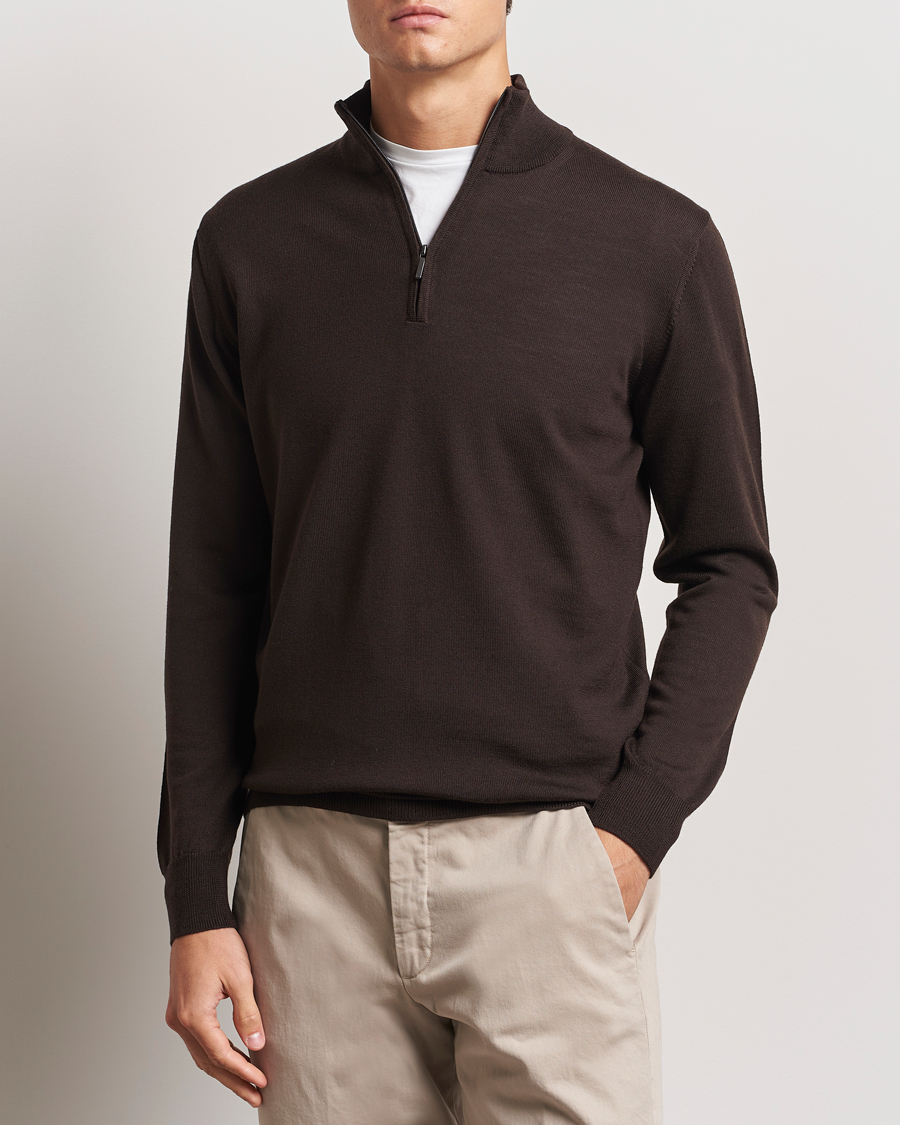 Herr | Tröjor | Morgano | Extra Fine Merino Wool Half-Zip Dark Brown
