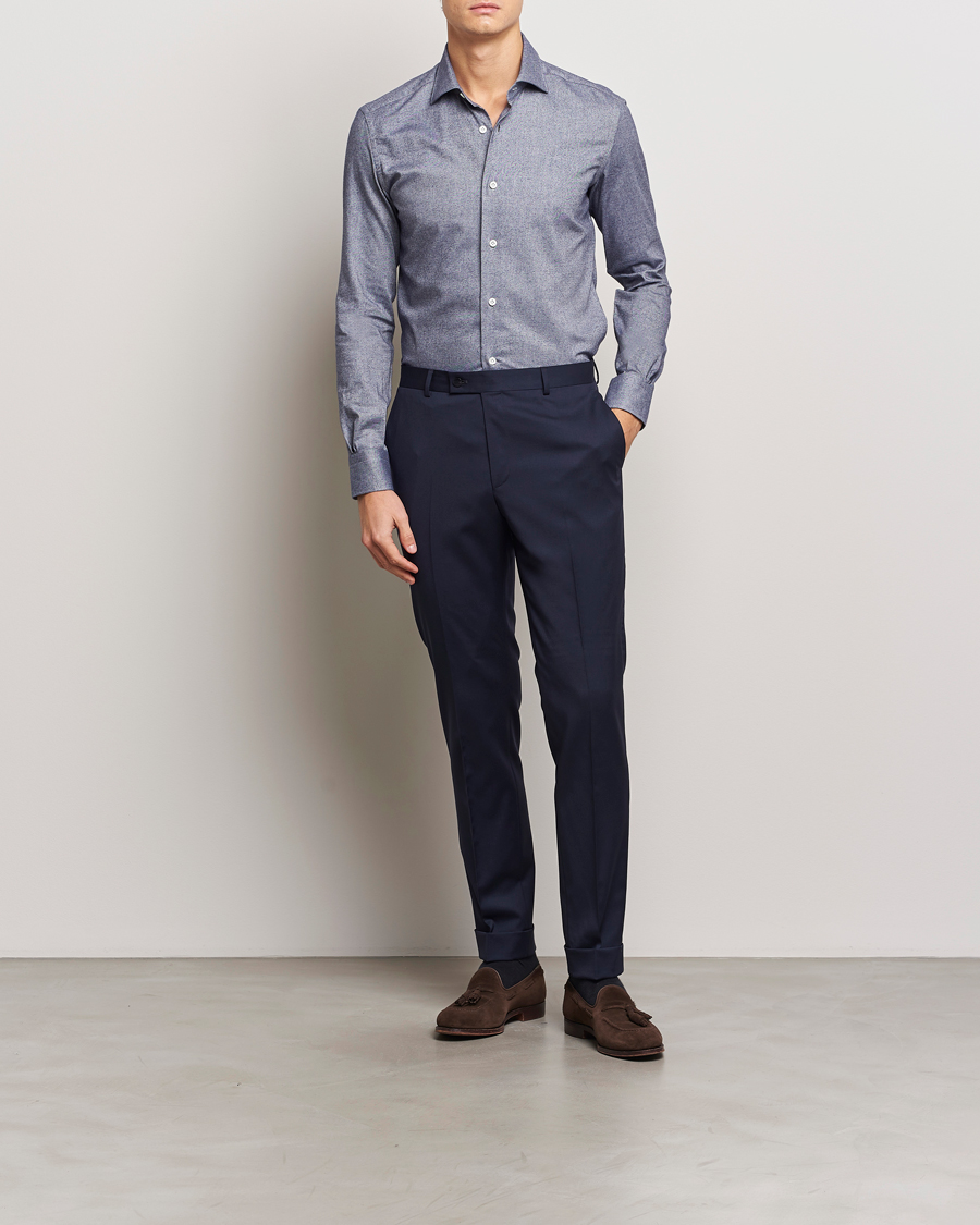 Herr | Skjortor | Mazzarelli | Soft Flannel Cut Away Shirt Dark Blue