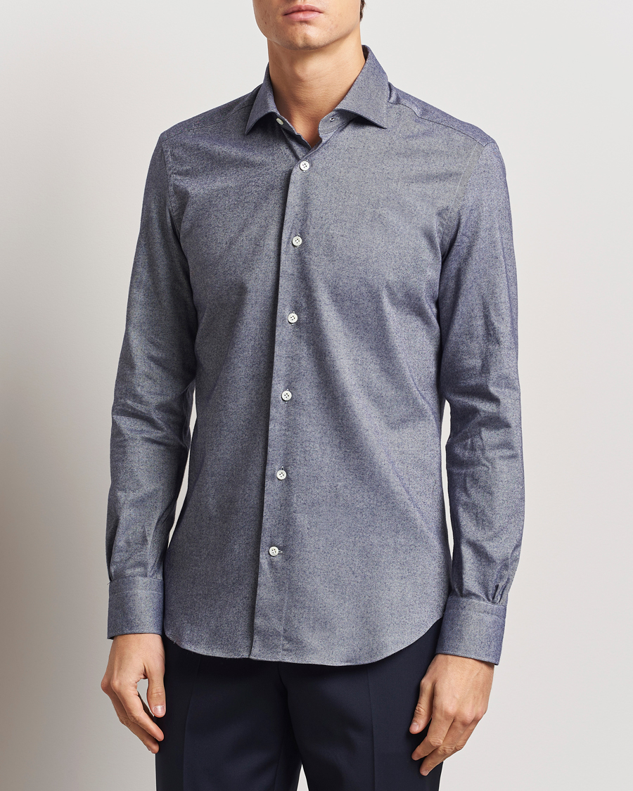 Herr | Skjortor | Mazzarelli | Soft Flannel Cut Away Shirt Dark Blue