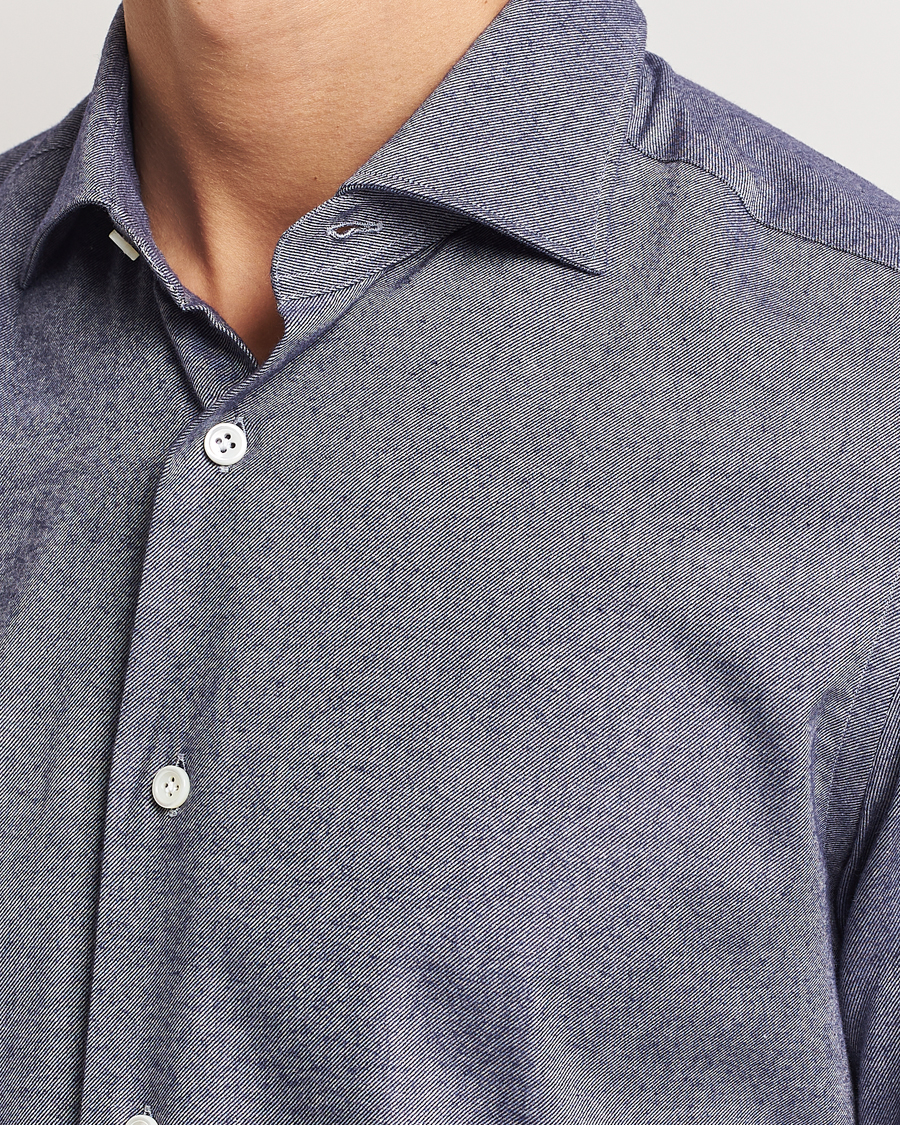 Herr | Skjortor | Mazzarelli | Soft Flannel Cut Away Shirt Dark Blue