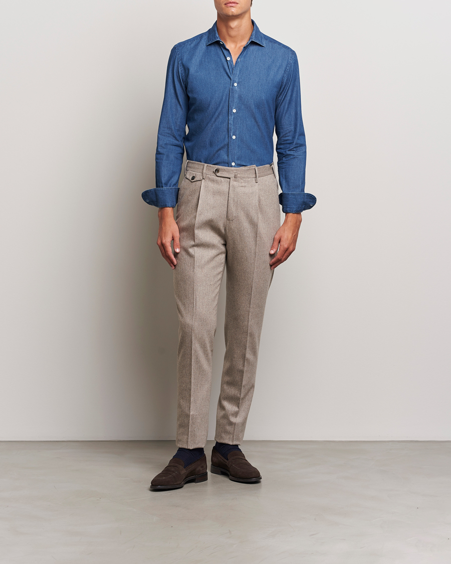 Herr | Skjortor | Mazzarelli | Soft Cotton Denim Shirt Stone Wash