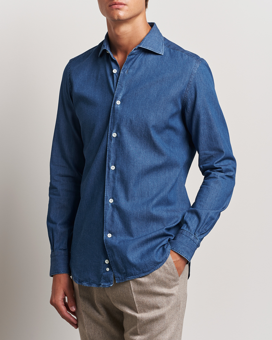 Herr | Skjortor | Mazzarelli | Soft Cotton Denim Shirt Stone Wash
