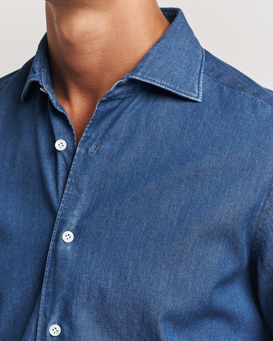 Herr | Skjortor | Mazzarelli | Soft Cotton Denim Shirt Stone Wash