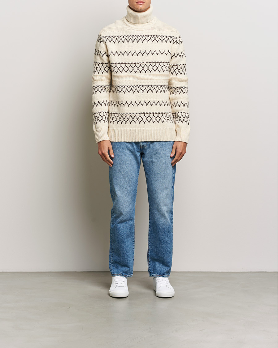 Herr | Tröjor | KnowledgeCotton Apparel | Knitted Pattern Lambswool Rollneck Off White