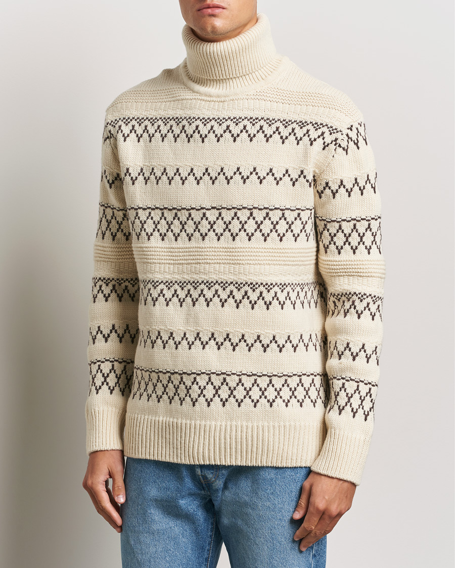Herr | Tröjor | KnowledgeCotton Apparel | Knitted Pattern Lambswool Rollneck Off White