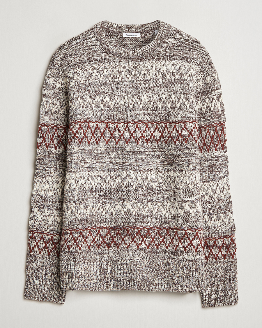 Herr | Tröjor | KnowledgeCotton Apparel | Knitted Pattern Lambswool Crewneck Brown