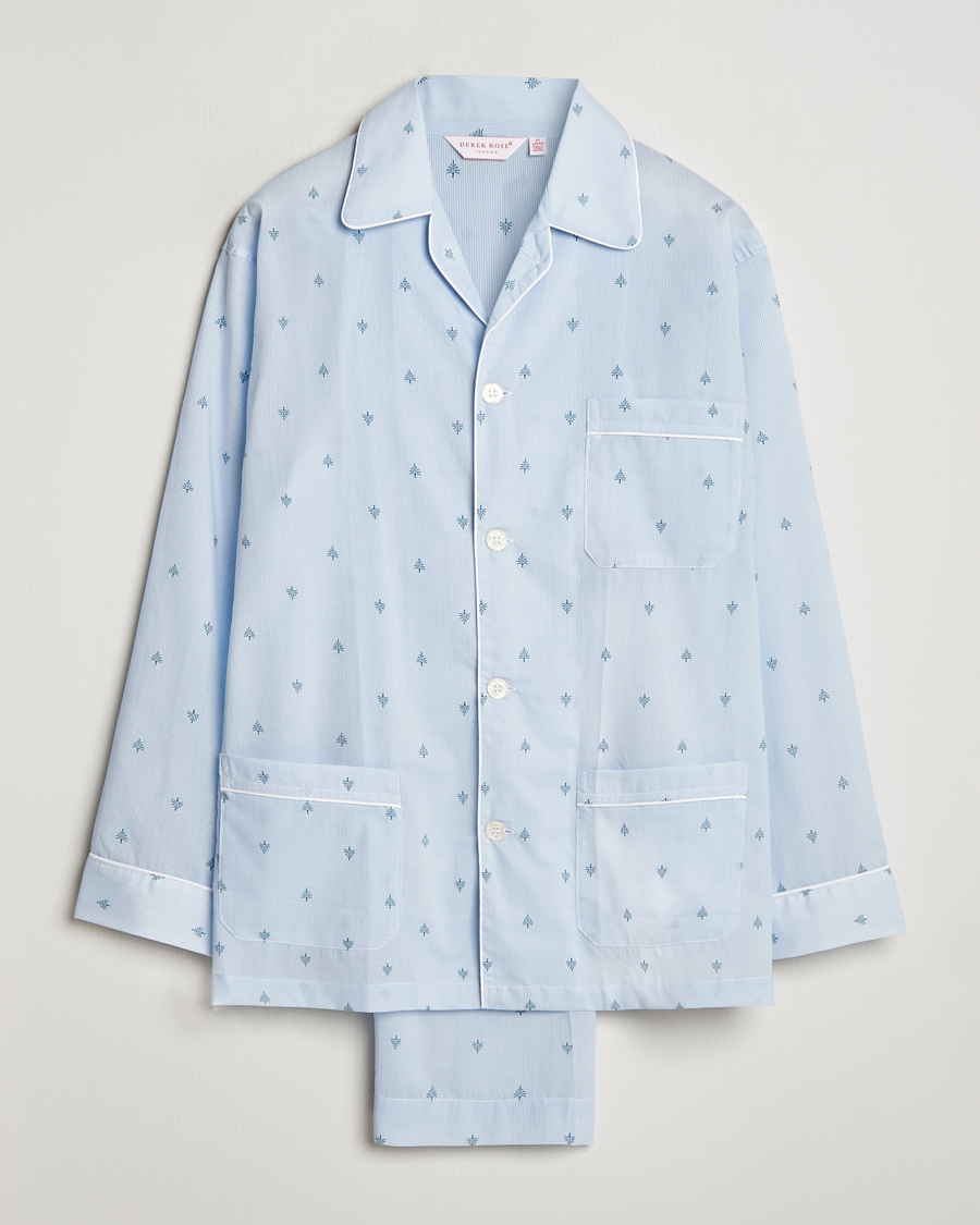 Herr | Derek Rose Piped Cotton Pyjama Set Blue | Derek Rose | Piped Cotton Pyjama Set Blue