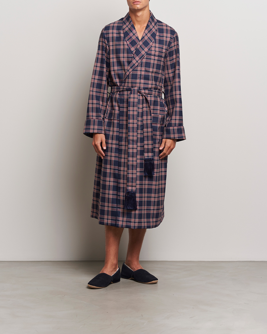 Herr | Derek Rose Wool Checked Dressing Gown Navy | Derek Rose | Wool Checked Dressing Gown Navy