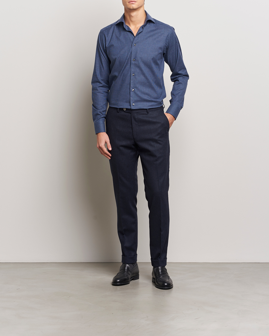 Herr | Skjortor | Eton | Slim Fit Wrinkle Free Flannel Pepita Shirt Blue