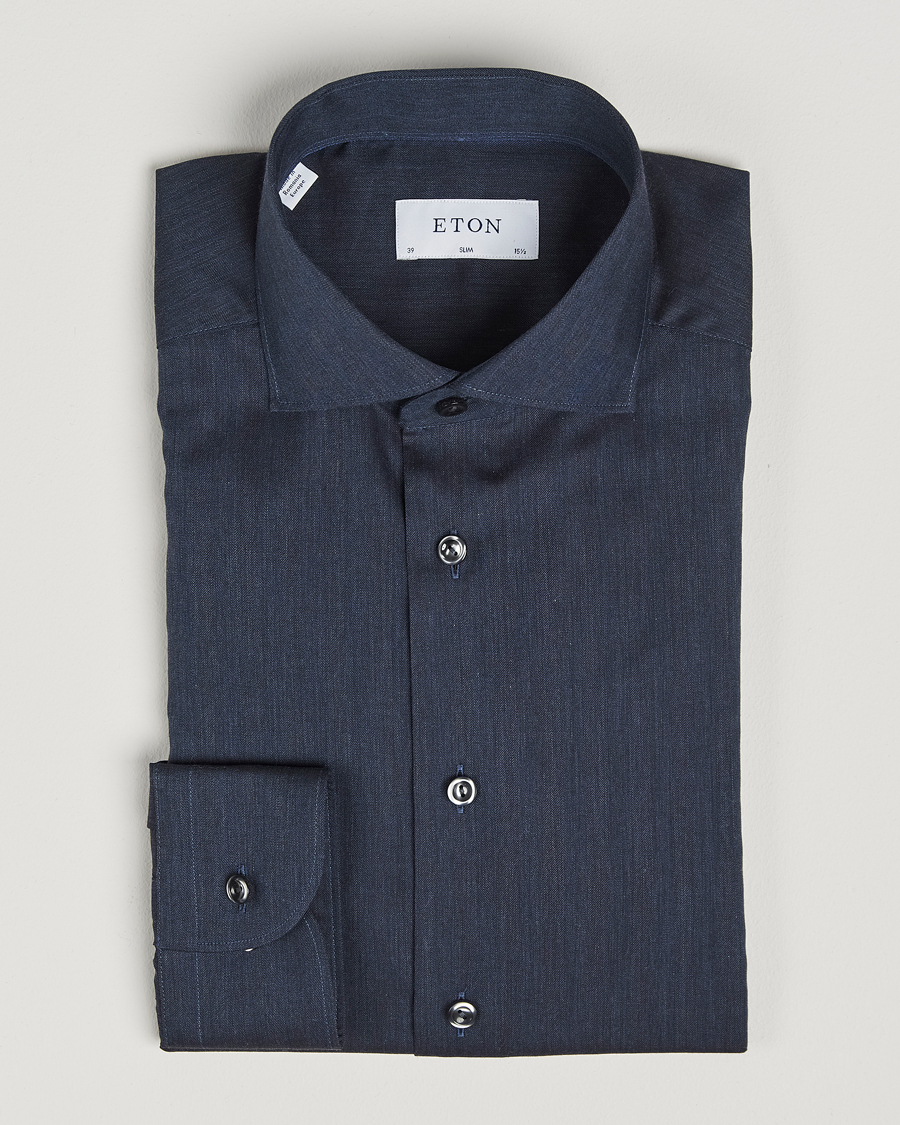Herr | Skjortor | Eton | Slim Fit Wrinkle Free Flannel Shirt Navy Blue