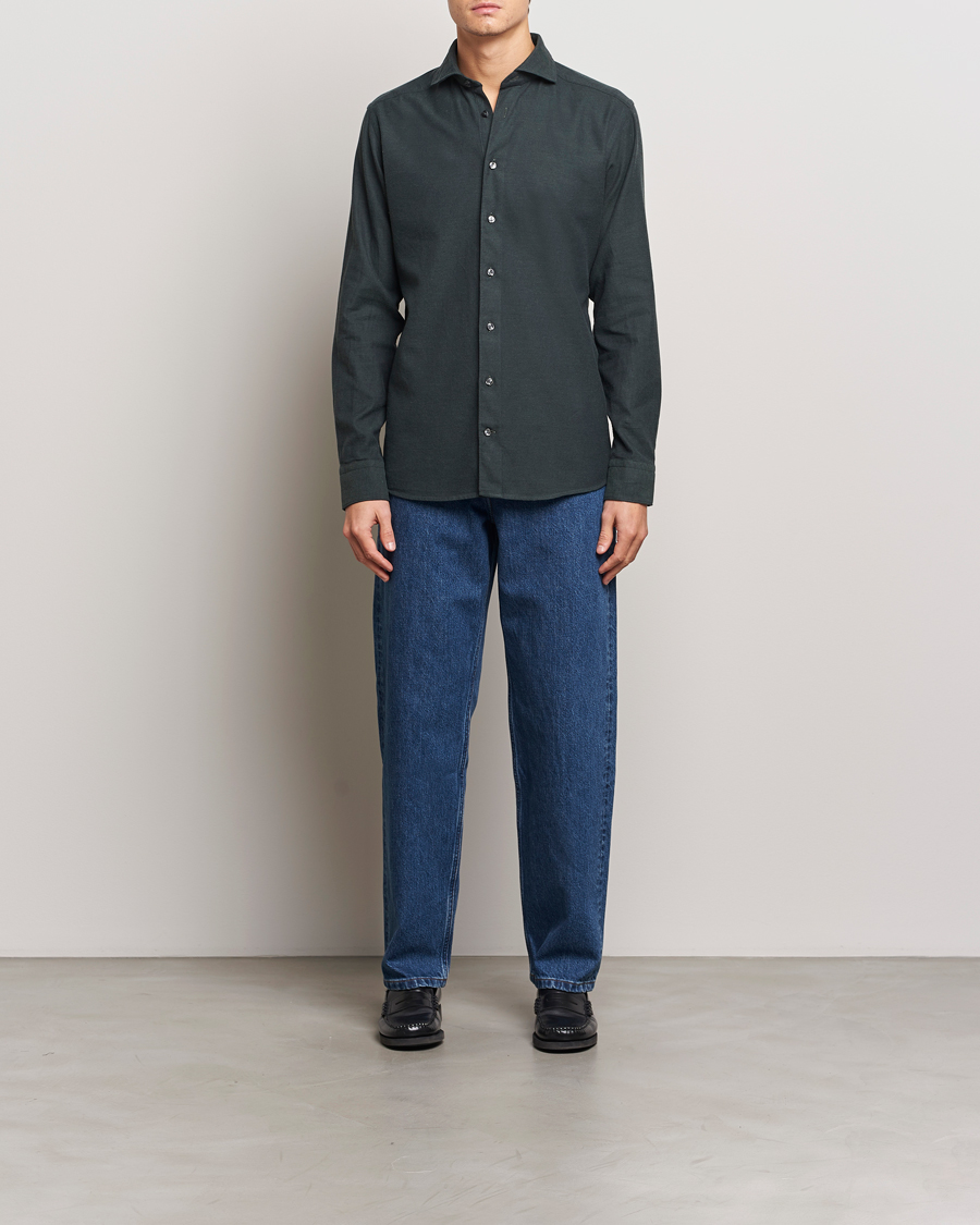 Herr | Skjortor | Eton | Slim Fit Twill Flannel Shirt Dark Green