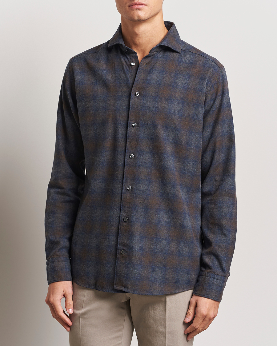 Herr | Skjortor | Eton | Slim Fit Checked Flannel Shirt Navy Blue