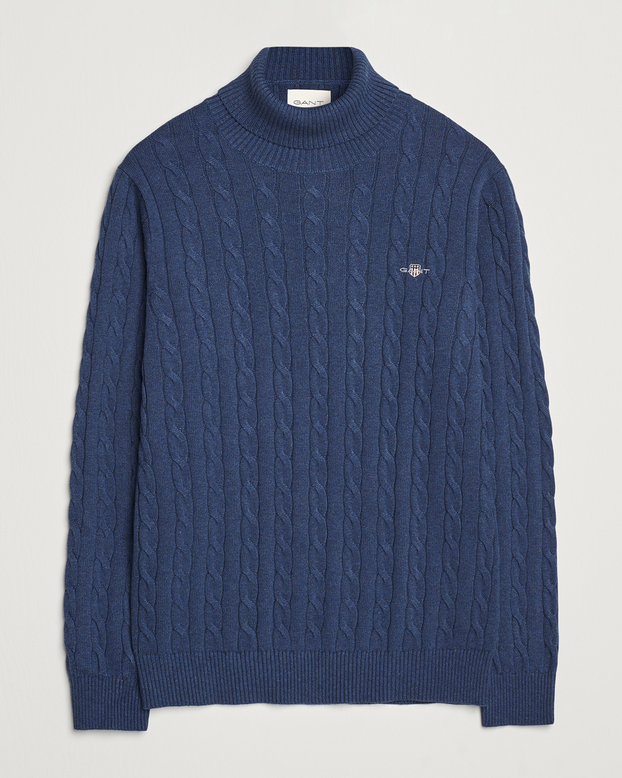 Herr | Tröjor | GANT | Cotton Cable Turtle Neck Dark Jeans Blue Melange