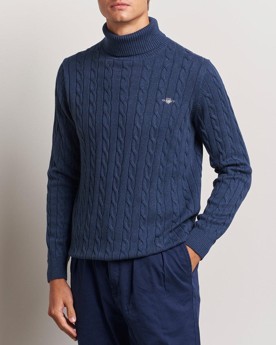 Herr | Tröjor | GANT | Cotton Cable Turtle Neck Dark Jeans Blue Melange