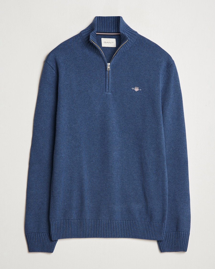 Herr | Tröjor | Gant | Casual Cotton Half Zip Dark Jeans Blue Melange