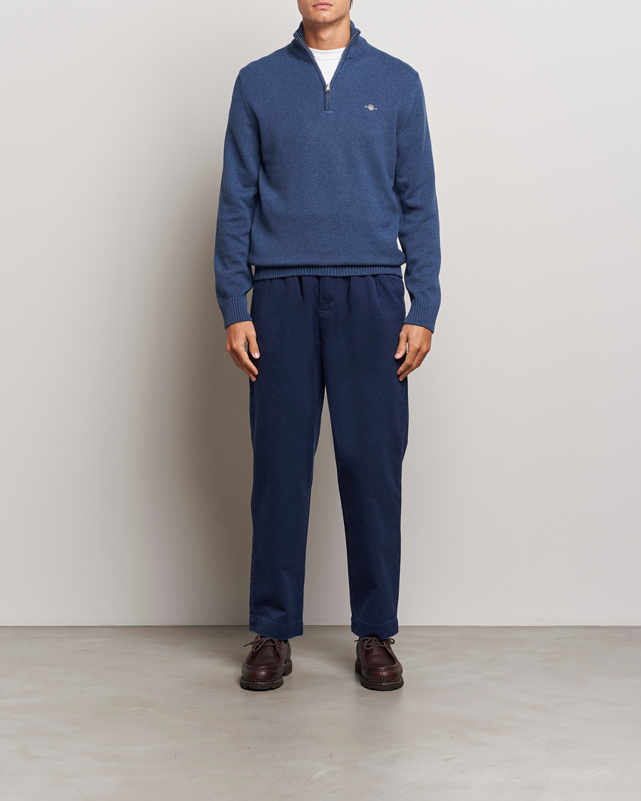 Herr | Tröjor | Gant | Casual Cotton Half Zip Dark Jeans Blue Melange