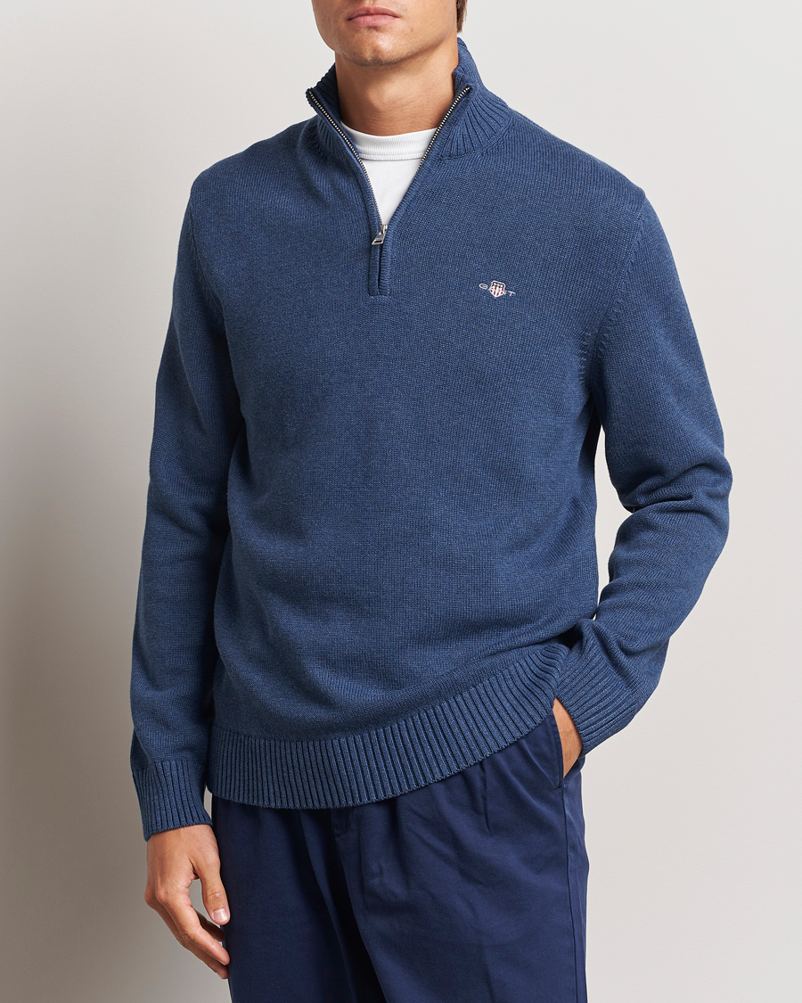 Herr | Tröjor | Gant | Casual Cotton Half Zip Dark Jeans Blue Melange