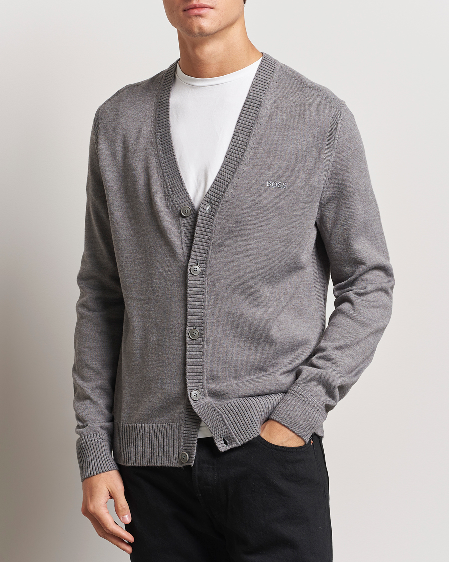 Herr | Tröjor | BOSS ORANGE | Avac Wool Knitted Cardigan Light Grey